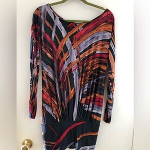 BCBGMaxAzria Long Sleeve Dress with Red and Orange Abstract Design